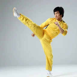a kick by Bruce Lee wearing a yellow jumpsuit by Gian Galang