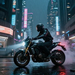 Futuristic Asian city at night with rain, Cyberpunk style, Motorcycle, Neon lights, Matte paiting, cinematic lighting, corona render, smoke, light rays, 8k