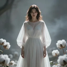 hight focus of a wonderful realistic focused sweet wonderful symmetrical centered mid portrait of a lonely wonderful woman with a detailed wonderful, majestic, large semi transparent white cotton dress dramatic light, octane render, - 8 k