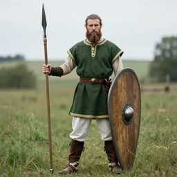 male bearded viking age historical reenactor with brown hair in a bun, wearing a green tunic with gold tablet woven trim, leather belt tied in the early medieval fashion with bronze parts, white pants, brown legwraps and cowhide leather turnshoes, carrying an iron spear and lindenwood shield with iron boss
