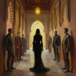 infinite hallway, palace light technology, morrocan and thai architecture, dark woman silhouette, tim hildebrandt, bruce pennington, wayne barlowe, donato giancola, trending on artstation, cinematic composition, beautiful lighting, hyper detailed, 8 k, oil on canvas