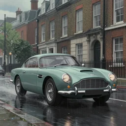 a wholesome animation key shot of one focused aston martin db 5, dynamic, on a wet london street, raining, wide shot, studio ghibli, pixar and disney animation, sharp, very detailed, high resolution, rendered in unreal engine 5, anime key art by greg rutkowski, overcast lighting, dark