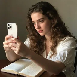 Sappho takes a selfie while writing poetry, high angle, iPhone photo