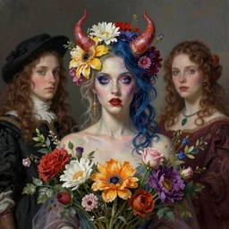 colorful demoniac woman in flowers by rembrandt and lise deharme and artgerm, digital art, detailed masterpiece