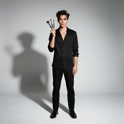 jovial makeup artist with brushes, cinematic studio photo, full body, standing, isolated on a pure white background, centered, whole figure in frame, sharp focus, studio lighting