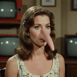 1974 woman on a television show with a long prosthetic snout nose, big nostrils, wearing a dress, 1974 French film color archival footage technicolor film expired film 16mm Fellini new wave John Waters Russ Meyer movie still