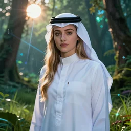 sophie turner, saudi arabian shemagh ghutra agal, arabian white thobe, portrait sci - fi cyberpunk tron magic realism thermal imaging rainforest meadow anime lightpaint at night laser morning sun, archdaily, wallpaper, highly detailed, trending on artstation