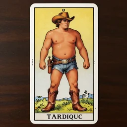 a beautiful dramatic tarot card of a shirtless thick beefy handsome cowboy. he is wearing cowboy boots. he has a thick build dadbod. homoerotic, art deco, art nouveau. by louis comfort tiffany, by j. c. leyendecker. trending on artstation