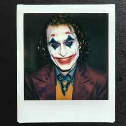 john noblee as the joker from the dark knight by lee jeffries, creepy smile, polaroid, 3 3 mm, professional color, graded