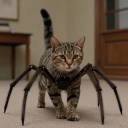 Movie still: cat with spider legs. Cinematic shot. Action scene. Movie directed by Stephen Spielberg