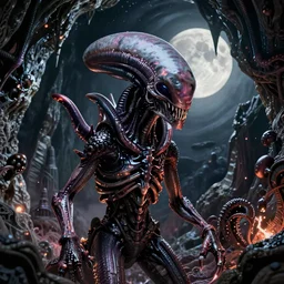 space alien, slimy, glossy, sharp teeth, by h. r. giger, nightmare fuel, nightmarish, intricate, highly detailed, optical illusion, stranger things demogorgon, cave lighting, flickering, moonlight