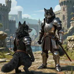 furry anthro digital game screenshot of an anthropomorphic wolf with black fur looking at the player medieval guard wearing a set of armor standing in a medieval city in background in the The Elder Scrolls V: Skyrim