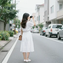 90's Japanese photo, long view, a girl in white standing on the street, look for cam, summer, Professional Photography,