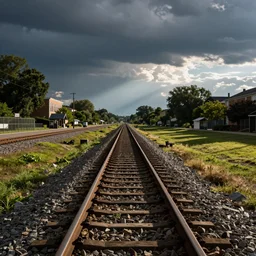 a high school field, with railway tracks going through it