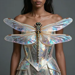 brown woman wearing a shiny dragonfly armor. iridiscent. super detailed. layered. textured. award winning. dispersion of light. refracted lighting. soft. fragile. by louise dahl - wolfe. by andrea kowch. surreal photoraphy