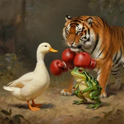 a duck and a frog having a boxing match on a tiger, painterly, trending on artstation,, muted earth tones, cinamatic, diffused light, van gogh