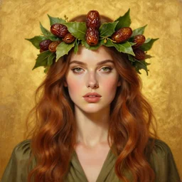 epic painting drawing, full figure portrait of beautiful supermodel face poses wearing olive blouse, long brown red wavy hair, green tea leaves bridal crown with sweet dried dates fruits, medjool dates, dried dates, photography by amy leibowitz, wlop, jeremy lipkin, beeple, intricate, symmetrical front portrait, artgerm, golden glowing background