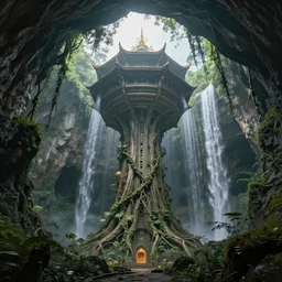 pagoda, cyber-futurist architecture, inside an enormous vast cave, huge trees, vines, waterfall, style of Ted Nasmith, style of Daniel Merriam, magical, sublime, realistic, dramatic, establishing shot, cinematic lighting, HDR