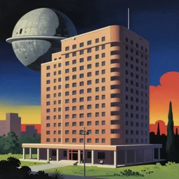 a psychedelic hallucination of a brutalist hotel on the death star, by kawase hasui, moebius, edward hopper, colorful flat surreal design, dramatic lighting, hd, 8 k, artstation