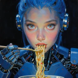 futuristic sci - fi robot woman with big eyes eating noodles. close - up portrait. reflective textures. deep blue tones. black background. highly detailed science - fiction painting by norman rockwell, moebius, frank frazetta, syd mead, donato giancola. rich colors, high contrast. artstation