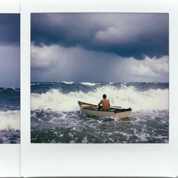 a man in a small rowboat on tumultuous ocean. Big waves. Maelstrom storm clouds and rain. Polaroid