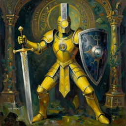 full body, attack position abstract Victor Brauner painting in lush fantasy environment of a ornate holy mechanical warforged with circular glowing eye, character in yellow armor holding a legendary paladin engraved holy great longsword and carrying a huge heavy paladin shield, vertically flat head, face in focus, epic , trending on ArtStation, masterpiece,  cinematic lighting