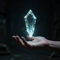an open hand facing up, a glowing shard of kryptonite is floating above the palm of the hand, pitch dark room