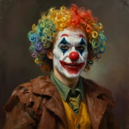 oil matte painting, mustache man in brown rags wearing clown wig and red nose. digital painting, fantasy, concept art, cinematic colors, realistic shaded. by ilya kuvshinov, magali villeneuve, artgerm, greg rutkowski