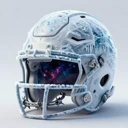 american football helmet made of ice and stalactites, nebula visor, barbed wire mouthguard, retrowave, cyberpunk, 3 d render