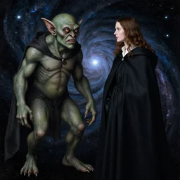 a goblin monster and a woman in a black cloak, in a nebula, by Jan van Eyck