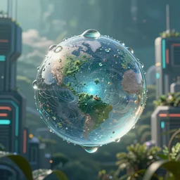 nature in drops of dew, within every dewdrop a world of struggle, fantasy intricate elegant under graphic cyberpunk buildings lush volumetric lighting 3 d modelling by warrick mcleod