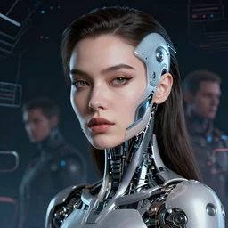 retrofuturistic portrait of extremely beautiful woman, cybernetic enhancements, space graphics in background, close up, quint buchholz, wlop, dan mumford, artgerm, liam brazier, peter mohrbacher, raw, featured on artstation, octane render, cinematic, elegant, intricate, 8 k