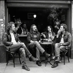 a biker gang of coyotes, waiting outside a bar, smoking cigarettes and drinking beer, 25mm, black and white photography