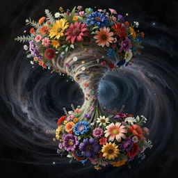 An epic fantastic realism comic book style painting of the most beautiful entwined flowers launched gracefully across the dark spinning universe, tornado of bouquets, fisheye, unreal 5, DAZ, hyperrealistic, octane render, dynamic lighting