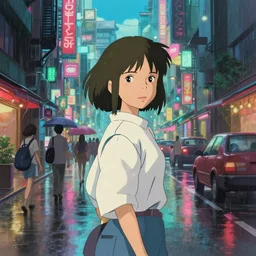 woman standing on busy rainy. cyberpunk city street, in the style of spirited away, vibrant colours, hyperrealism, soft lighting, art by satoshi kon, lush detail, award winning, trending on artstation