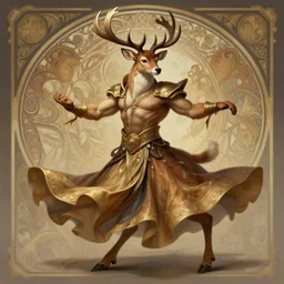 full body photograph of a male anthropomorphic deer man fursona arabian dancer, deep focus, intricate, elegant, highly detailed, digital painting, artstation, concept art, matte, sharp focus, illustration, d & d, fantasy, hearthstone, art by artgerm and greg rutkowski and alphonse mucha