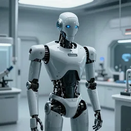 a robot in a futuristic white laboratory in the style of Tsutomu Nihei dark cinematic moody scary