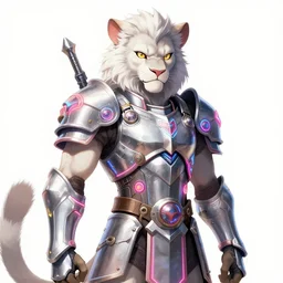 albino mountain lion army general with neon cybertech roman armor, fursona, anthro, anime key visual, detailed armor, makoto shinkai, portrait