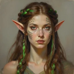 a highly detailed portrait painting of a beautiful healer elf female, long brown hair with braids and green highlights, long elf ears, facial tribal markings, by greg rutkowski and alphonse mucha, sharp focus, matte, concept art, artstation, digital painting