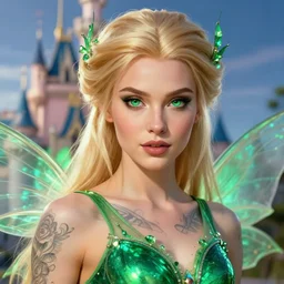 a close - up of beautiful tattooed blonde fairy wearing a magical emerald leotard in front of disneyland, hyper realistic face, green eyes, fantasy art, in the style of greg rutkowski, illustration, epic, fantasy, intricate, hyper detailed, artstation, concept art, smooth, sharp focus, vibrant