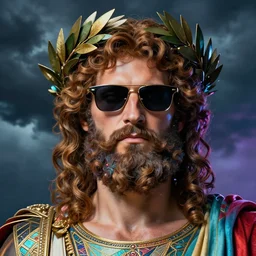 portrait of glamor greek god zeus | wearing electric sunglasses and a laurel wreath | curly hair, beard | storm background | highly detailed | very intricate | professional model | cinematic lighting | painted by donato giancola and mandy jurgens and charlie bowater | bold colors, artdeco, art deco outrun aesthestic, 8 0's nostalgia | featured on artstation