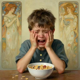 moody portrait of a young boy sobbing uncontrollably because he has no more cereal in his bowl, tragedy, path traced, environment, highly detailed, high quality, digital painting, alena aenami, lilia alvarado, shinji aramaki, karol bak, alphonse mucha, tom bagshaw