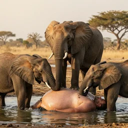 a group of African elephants drinking out of an oasis. Instead of land, they are on a person's belly. The belly is surrounded by water. Golden hour