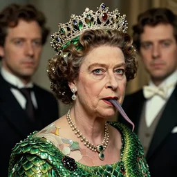portrait of queen elizabeth, skin peeling to reveal green! scales!, forked snake tongue sticking out, art by ryo shiotani and greg rutkowski, intricate, beautiful, portrait photography, cinematic lighting, vintage art by serge ivanoff, high resolution, very detailed