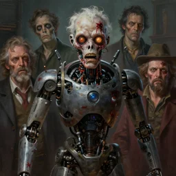 a zombie robot philosopher, detailed, centered, digital painting, artstation, concept art, donato giancola, joseph christian leyendecker, wlop, boris vallejo, breathtaking, 8 k resolution, extremely detailed, beautiful, establishing shot, artistic, hyperrealistic, beautiful face, octane render, cinematic lighting, dramatic lighting, masterpiece
