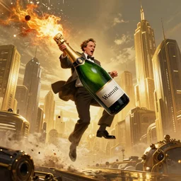 awesome fantasy art of Orson Welles riding an exploding bottle of champagne in front of a golden futuristic city
