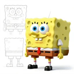 3 d modelling reference of spongebob video game character. free download for artists. front and side view blueprint.