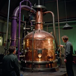 a super high resolution film still of machine apparatus for making snake oil, huge copper machine with purple and green intricate pipework, art by andrey remnev, and bruce pennington, directed by denis villeneuve, cinematography by robby muller, kodachrome 8 k, snake machine, cinematic lighting