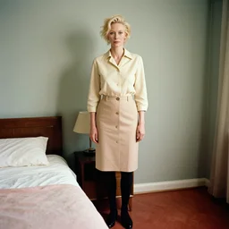 tilda swinton standing in a bedroom next to a bed, a colorized photo by Wilhelm Sasnal, tumblr, precisionism, 1970s, matte photo, provia
