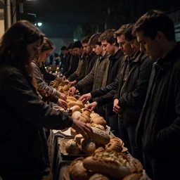 dark, dreary, side shot from left to right people standing in a long queue to get some bread, Lilia Alvarado, Sophie Anderson, Mark Arian, Bob Byerley, Charlie Bowater, Mark Brooks, Steve Henderson, Justin Gerard, Arthur Hughes, Edward Robert Hughes, Mark Keathley, Victor Nizovtsev, Carlos Shwabe, Ross Tran, WLOP